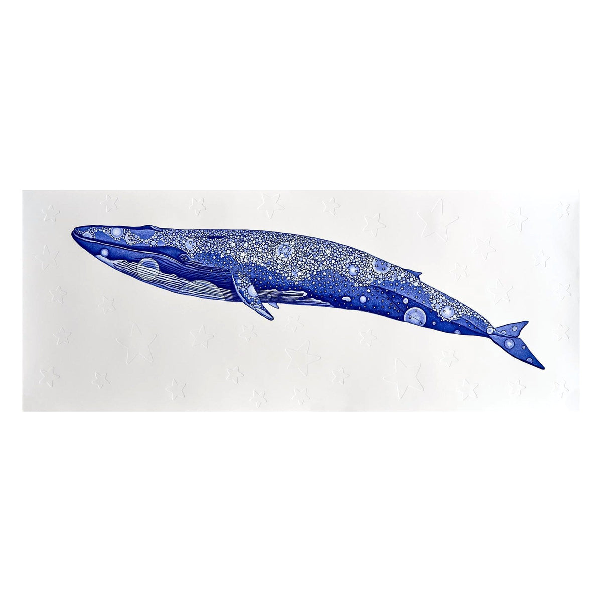 Blue Whale, an etching by Kim HyunJu in deep blue ink with embossed stars